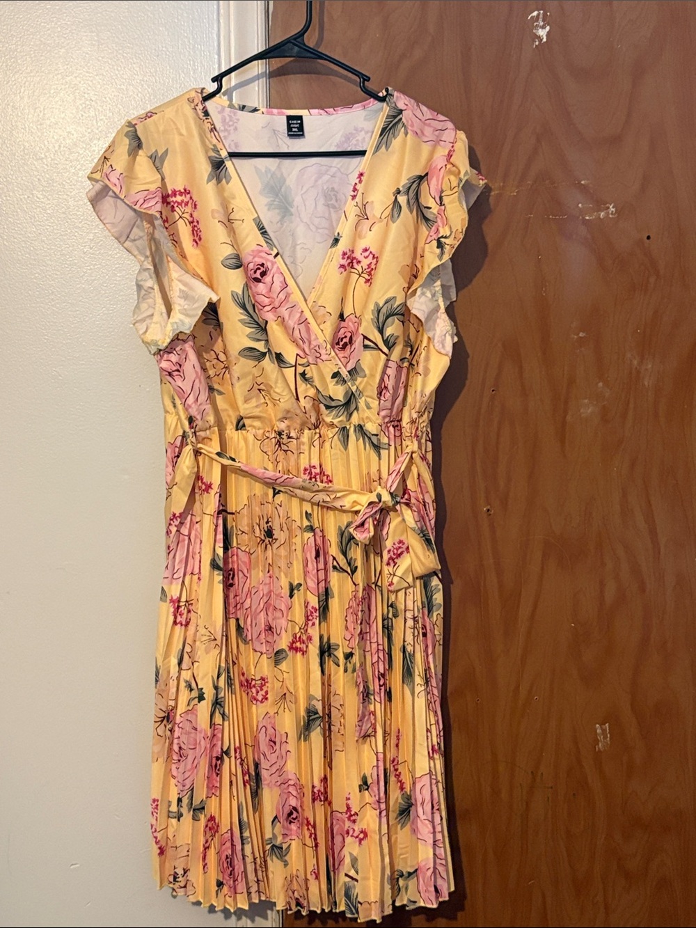 SHEIN Yellow Midi Dress with Pink Floral Print